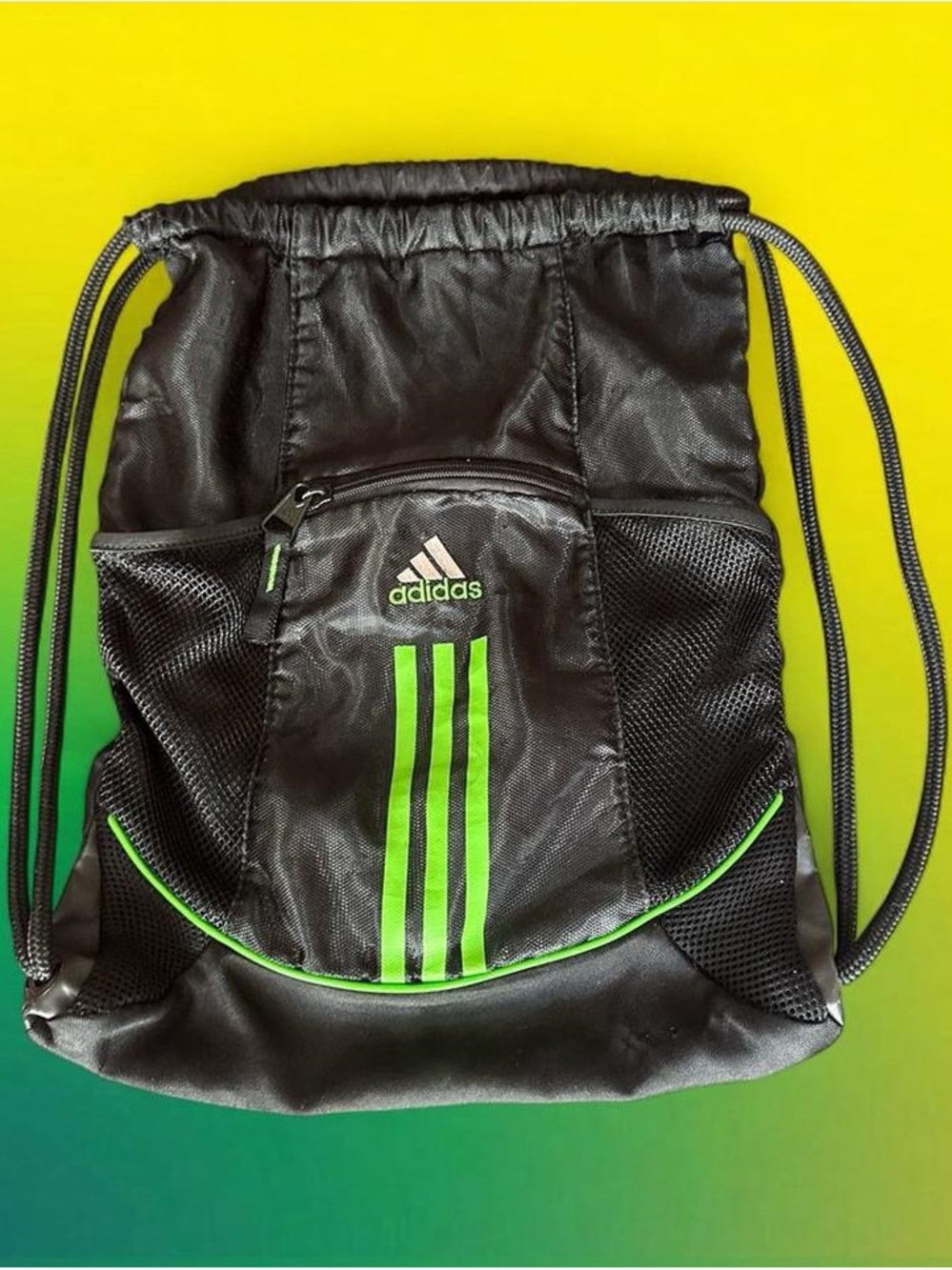 adidas Black Drawstring Backpack with Bright Green Stripes